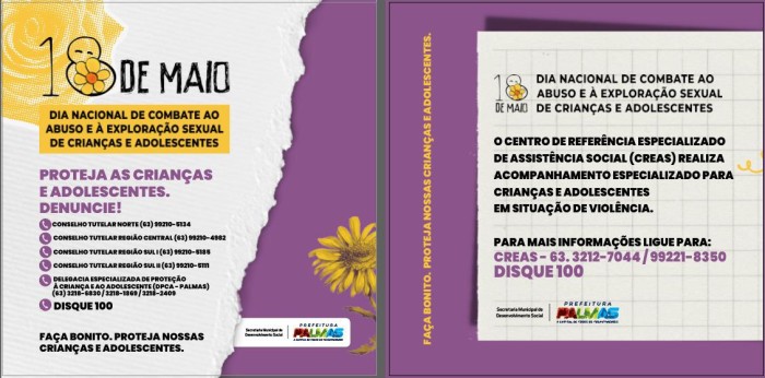 Dia Nacional de Combate ao Abuso e à Exploração Sexual de Crianças e Adolescentes terá caminhada em Taquaralto